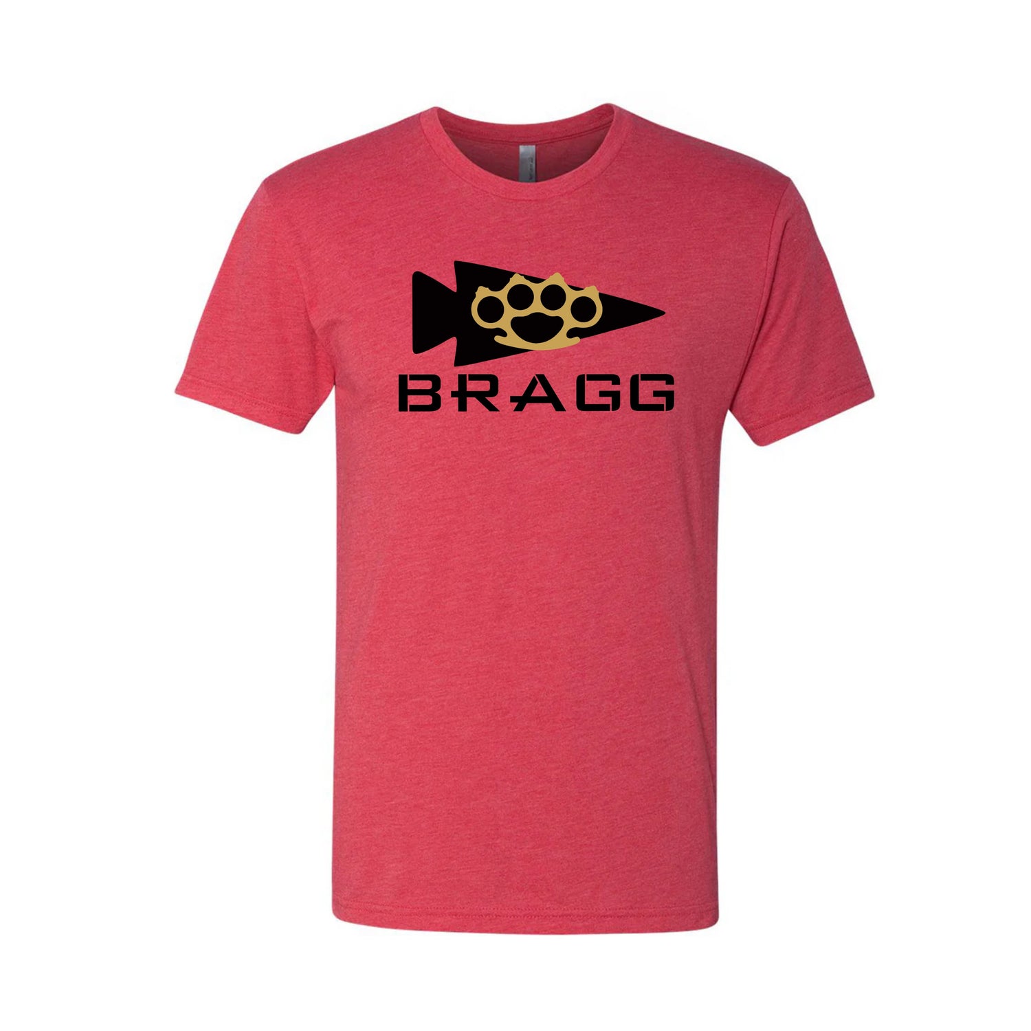 The BRAGG Event Tee - Tri-Blend is a premium red shirt with a black arrow and brass knuckles graphic above bold 