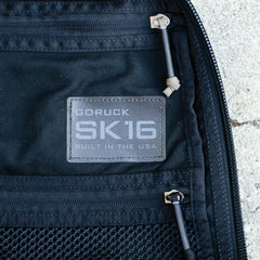 GORUCK SK16 rucksack interior label detail, durable black fabric with USA made patch and zippers