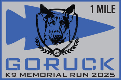 Logo with a German Shepherd, "1 Mile," and "GORUCK K9 Memorial Run 2025" on gray/blue honors law enforcement K9s. Join the National Police K9 Day: 2025 Fallen K9 Memorial Virtual Run/Ruck (Youth) event.