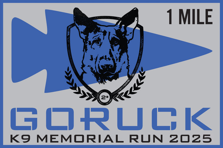 Logo with a German Shepherd, "1 Mile," and "GORUCK K9 Memorial Run 2025" on gray/blue honors law enforcement K9s. Join the National Police K9 Day: 2025 Fallen K9 Memorial Virtual Run/Ruck (Youth) event.