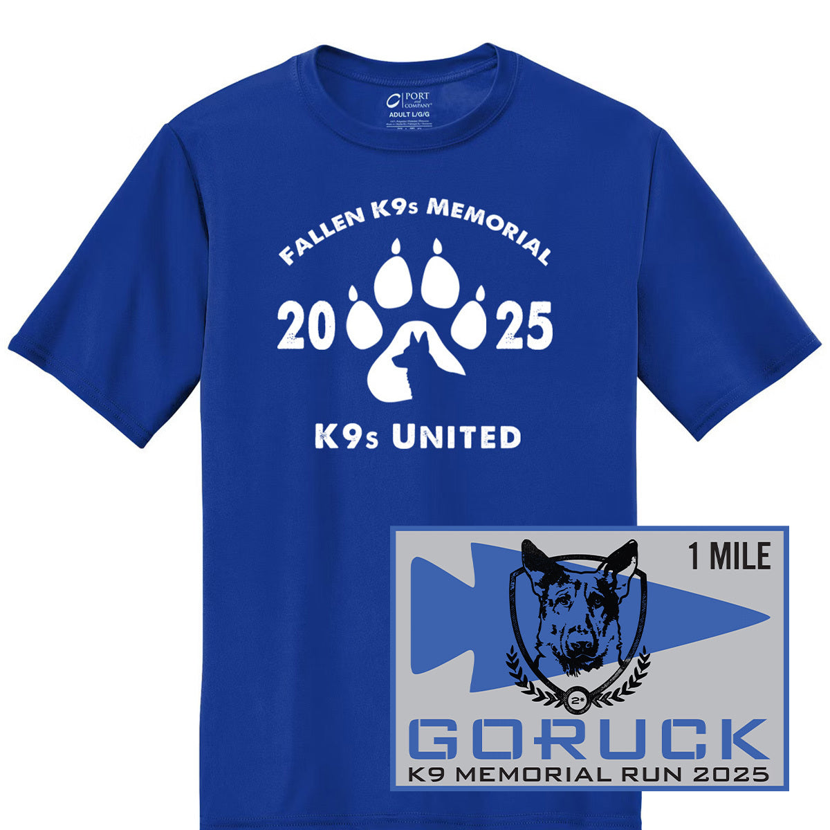 Blue t-shirt and patch for the National Police K9 Day: 2025 Fallen K9 Memorial Virtual Run/Ruck (Youth), a virtual event honoring law enforcement K9s, featuring paw print and dog graphics.