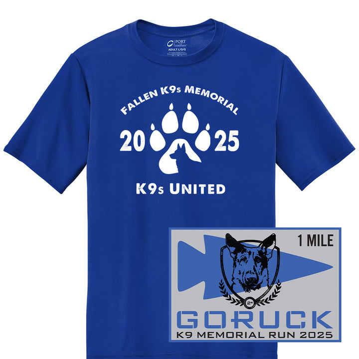Blue t-shirt and patch for the National Police K9 Day: 2025 Fallen K9 Memorial Virtual Run/Ruck (Youth), a virtual event honoring law enforcement K9s, featuring paw print and dog graphics.