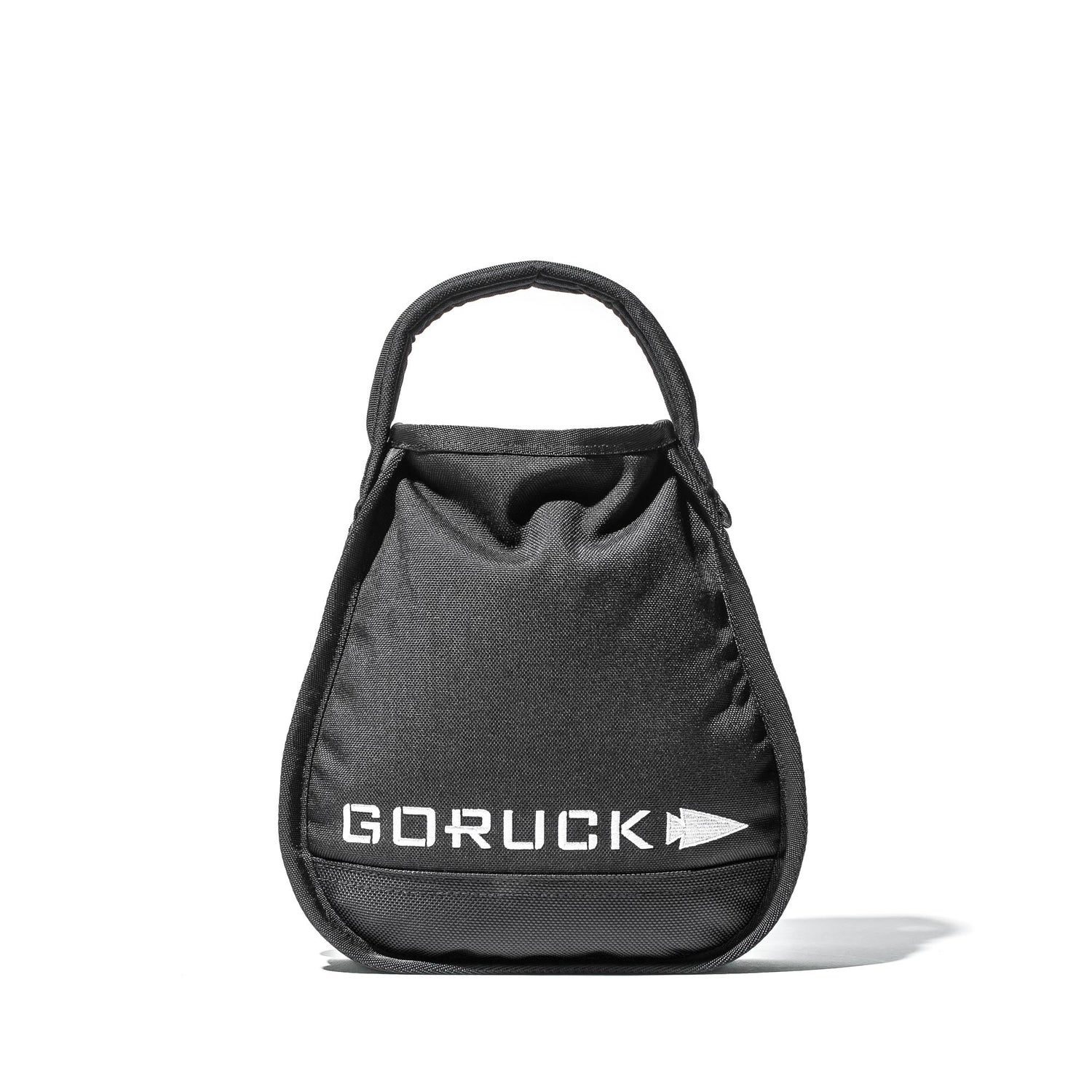 A black Sand Kettlebells bag by GORUCK with a handle and white logo, standing upright on a white background.