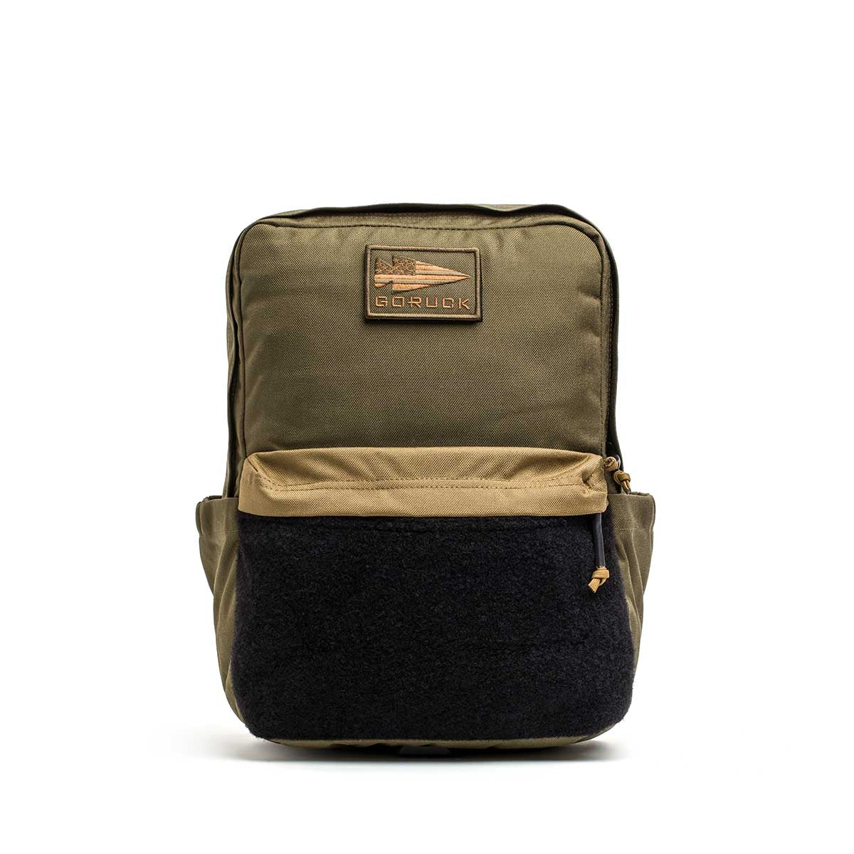 The KR1 2.0 - Kid Ruck is an olive green and black backpack with a front zip pocket and a rectangular 