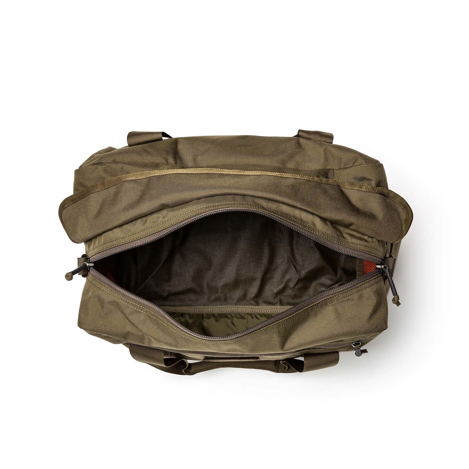 An olive green Kit Bag (Includes Shoulder Strap) with its main compartment unzipped, showing an empty interior.