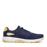 GORUCK Lead Ballistic Trainer sneaker in navy with white and gold accents, side profile