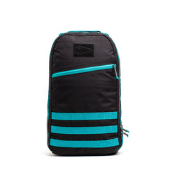 The Bullet Ruck Classic - Cordura is a black backpack accented with turquoise, made from durable Cordura fabric. It includes a front zip pocket and horizontal straps designed for securing ruck plates.