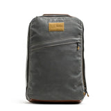 GORUCK Heritage Slate rucksack with front zipper and tan patch, rugged waxed canvas gear