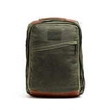 GORUCK olive waxed canvas backpack with top stash pocket and leather base
