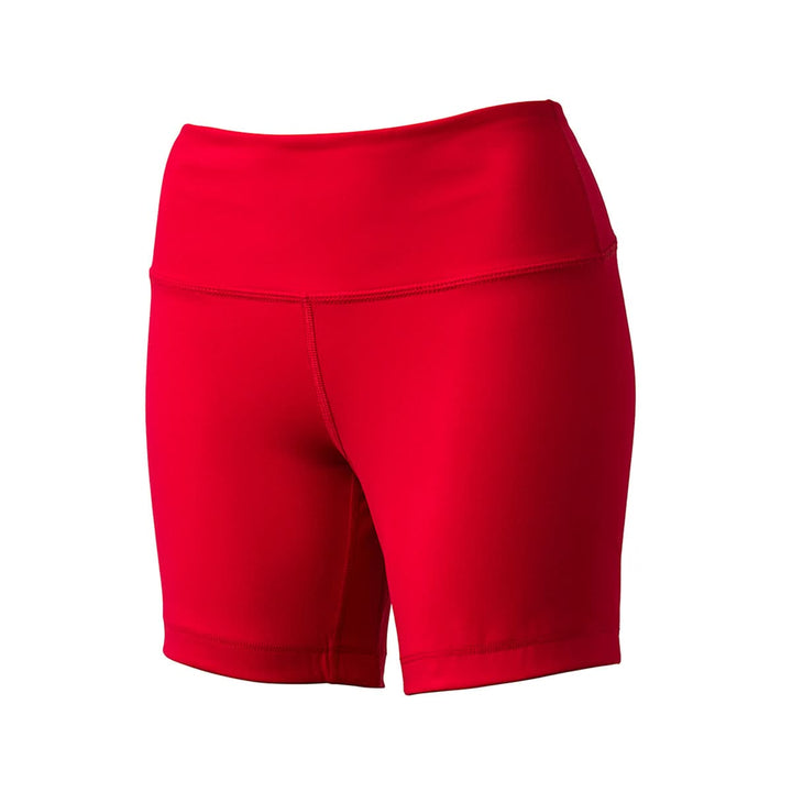 Women's Biker Shorts in red, crafted with ToughFlex Fabric for durability and a fitted design, feature an indestructible high-waisted style, displayed on a white background.
