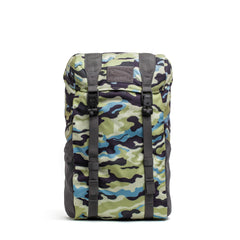 A modern camo-patterned rucksack with green, blue, and black hues, featuring black straps and a sleek logo patch on top. Crafted from durable materials, this M24 - Cordura rucksack by GORUCK stands upright against a plain white background.