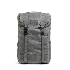 GORUCK rucking backpack in gray waxed canvas with dual front straps and arrow patch
