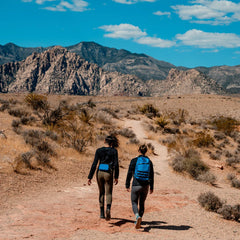 Two women hiking on desert trail with rugged mountains and clear blue sky, carrying blue backpacks