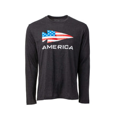 The Men's America Long Sleeve - Tri-BlendX features an antimicrobial fabric and a stylized fish logo in an American flag design above "AMERICA" for standout style and comfort.