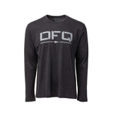 The Men's DFQ Long Sleeve - Tri-BlendX is a black shirt featuring "DFQ" and an arrow in gray across the chest, made from premium tri-blend fabric with antimicrobial treatment for lasting comfort and freshness.