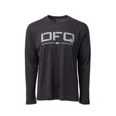 The Men's DFQ Long Sleeve - Tri-BlendX is a black shirt featuring "DFQ" and an arrow in gray across the chest, made from premium tri-blend fabric with antimicrobial treatment for lasting comfort and freshness.