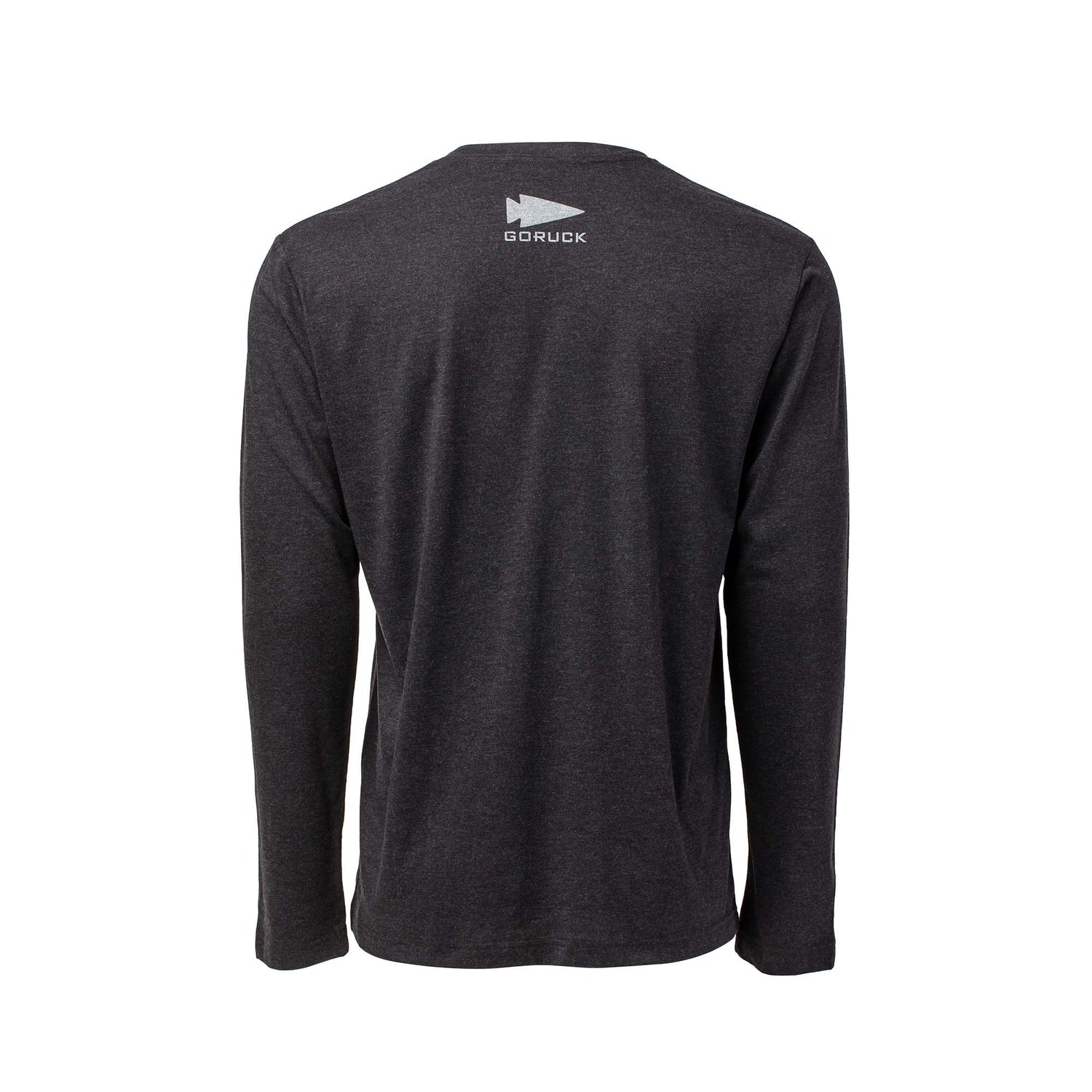 Back view of the Men's DFQ Long Sleeve - Tri-BlendX in dark gray, featuring premium tri-blend fabric and a small 
