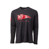 The Men's Join or Die Long Sleeve - Tri-BlendX features a black design with a red segmented snake and "JOIN, or DIE." text on the front, inspired by Ben Franklin.