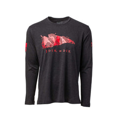 The Men's Join or Die Long Sleeve - Tri-BlendX features a black design with a red segmented snake and "JOIN, or DIE." text on the front, inspired by Ben Franklin.