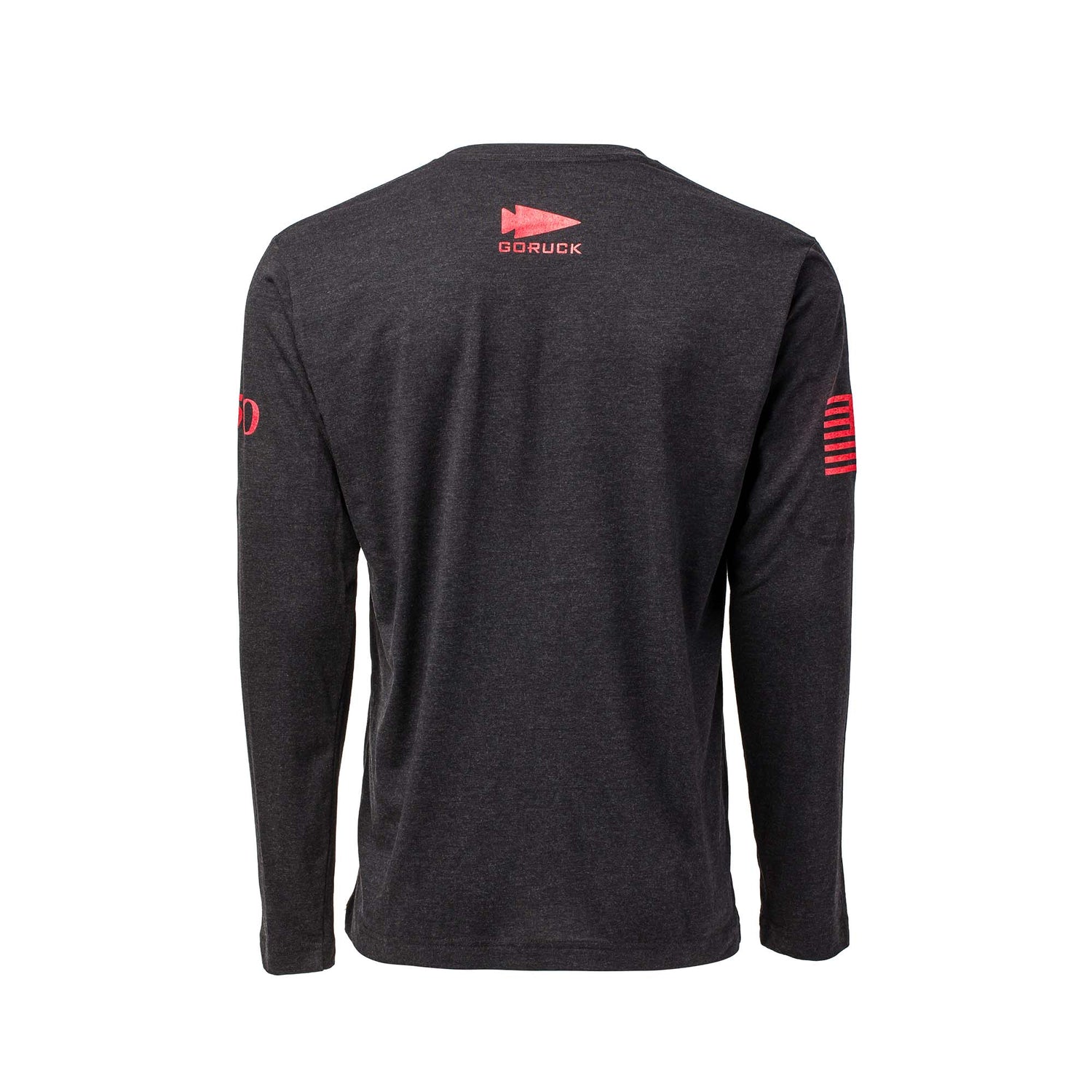 Back view of the Men's Join or Die Long Sleeve - Tri-BlendX, showcasing bold red logos on the back, sleeve, and shoulder.