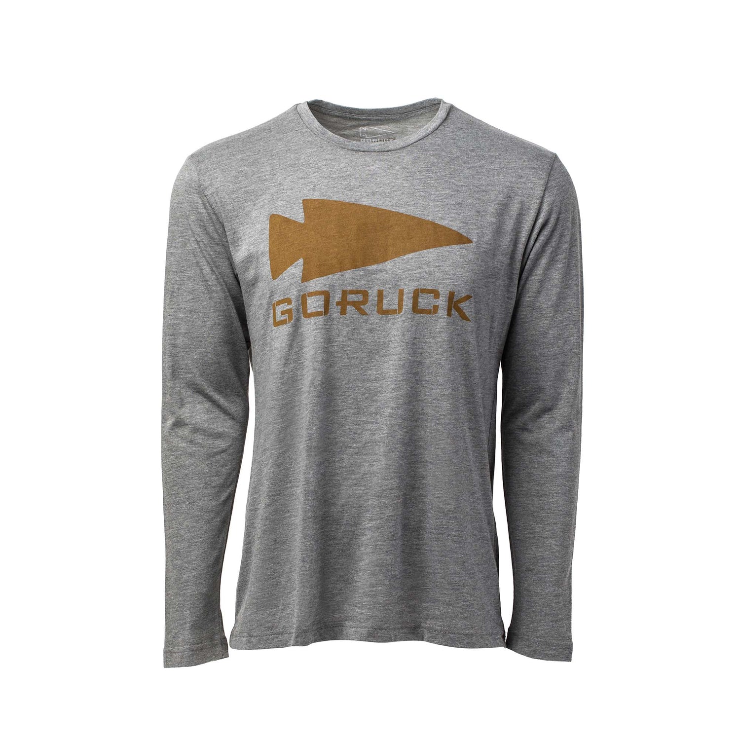 The Men's GORUCK Spearhead Long Sleeve - Tri-BlendX is a gray shirt with a brown spearhead graphic and 