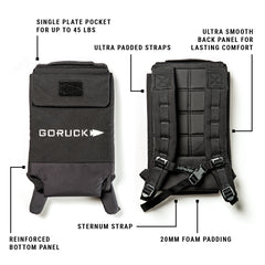 The Ruck Plate Carrier 3.0, shown front and back, features labeled padding, lumbar support straps, and reinforced panels—perfect for use as a weighted rucksack or plate carrier.