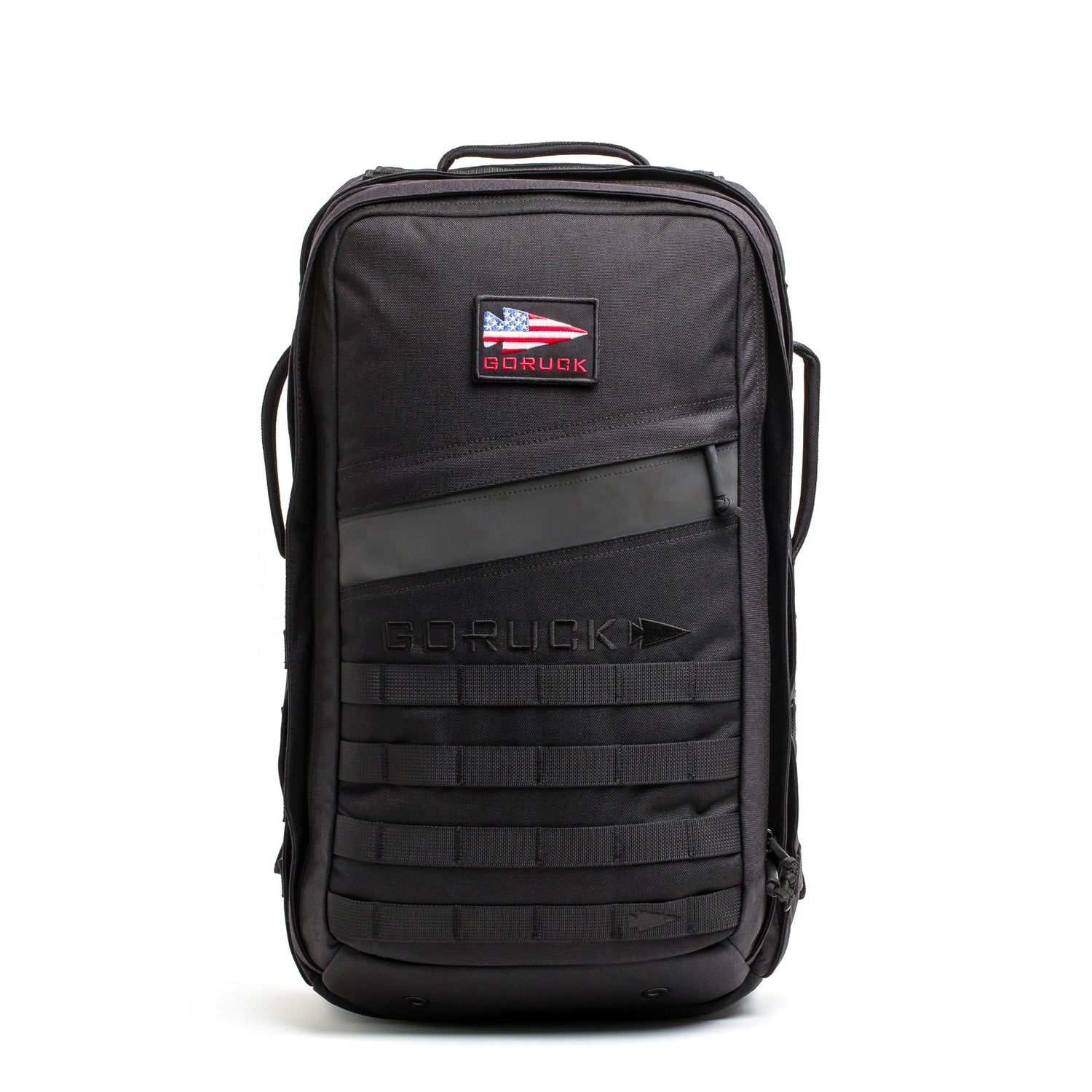 The Rucker - Long Range is a black backpack featuring an American flag patch, front handle, and lower front webbing—ideal as a comfortable rucksack for distance rucking or intense rucking events.