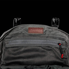GORUCK M24 Slate backpack interior with mesh zip pocket and brown leather patch