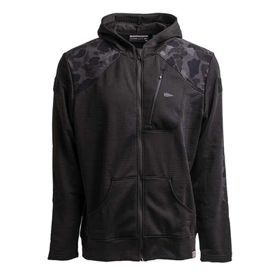 Introducing the Men’s Full Zip - Polartec Grid Fleece by GORUCK, a black hooded jacket showcasing a camo pattern on the shoulders and sleeves. It features a front zipper and pocket details, crafted with Polartec Power Grid fabric for superior breathability and warmth.