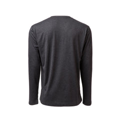 Back view of a Men's Slick Long Sleeve - Tri-Blend shirt in dark gray, known for its durability, shown on a white background.
