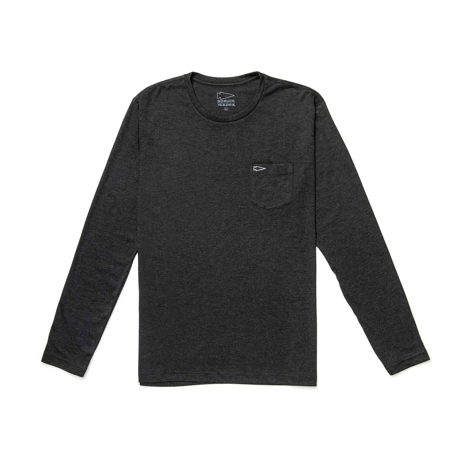Men's Long Sleeve Pocket Tee - Tri-Blend in dark gray, featuring a small chest pocket, laid flat on a white background.