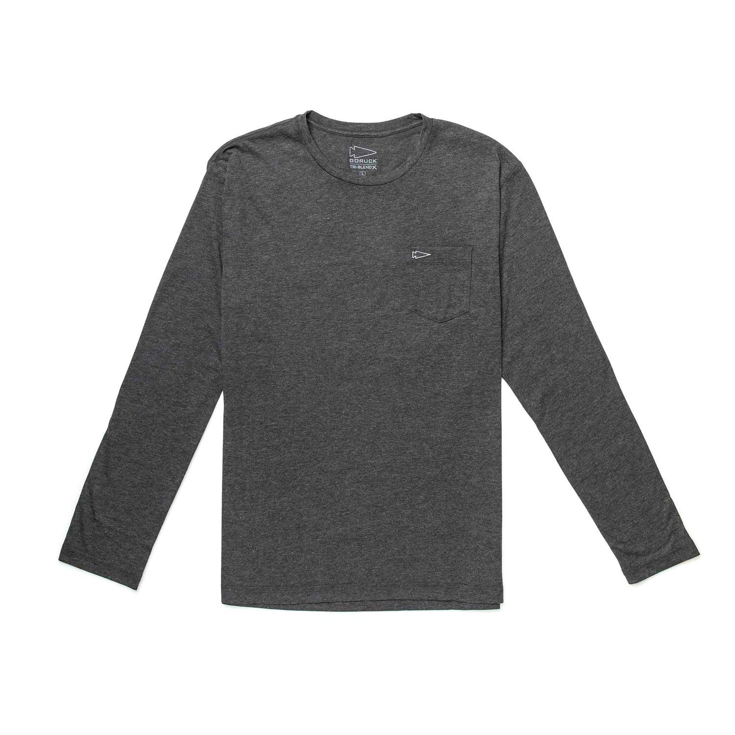 Men's Long Sleeve Pocket Tee - Tri-Blend in dark gray, features a crewneck and a small chest pocket on the left side.