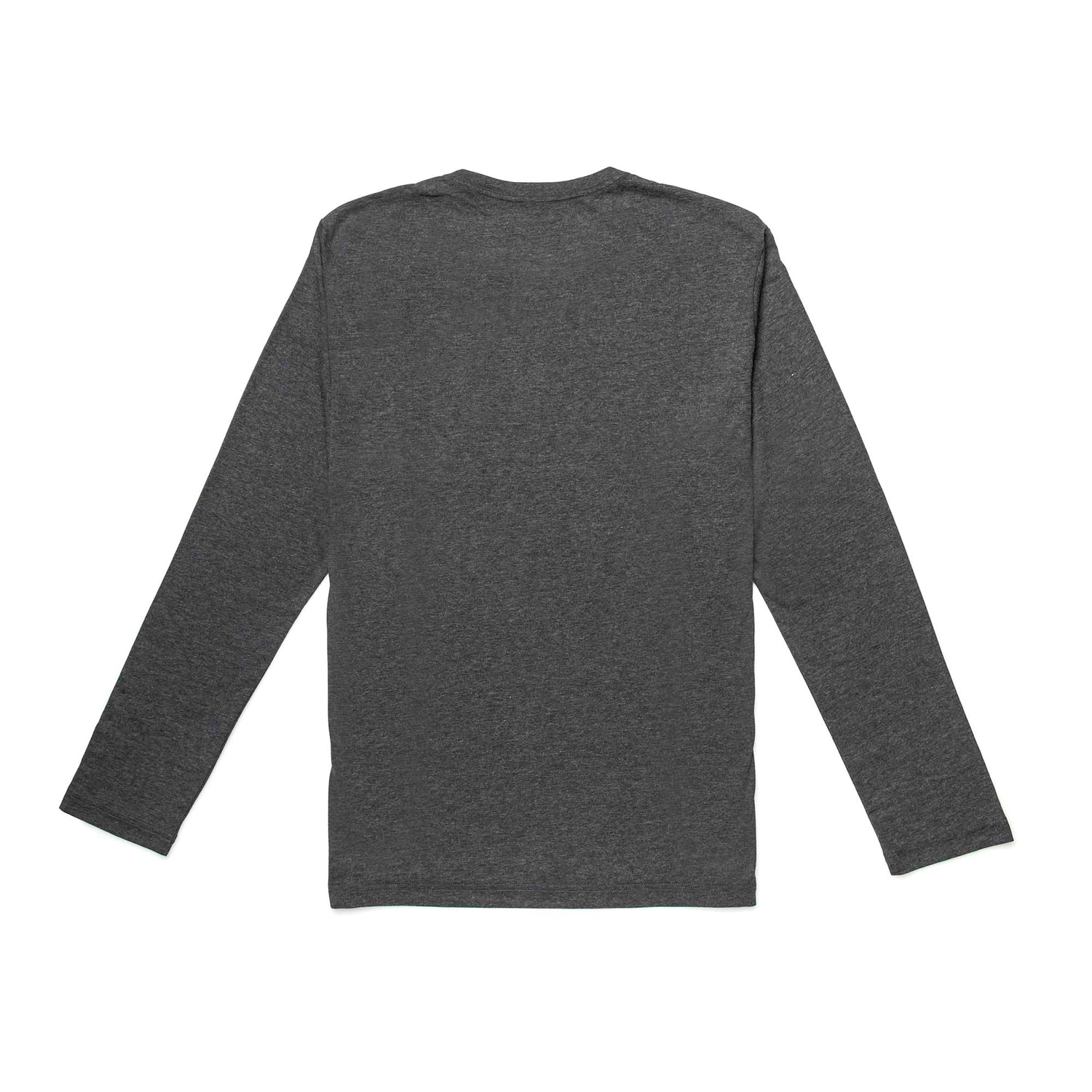 A Men's Long Sleeve Pocket Tee - Tri-Blend in plain dark gray, with long sleeves, is laid flat showing the back.