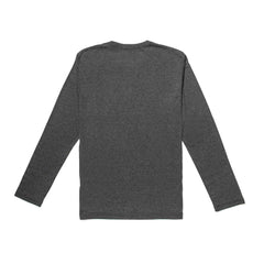 A Men's Long Sleeve Pocket Tee - Tri-Blend in plain dark gray, with long sleeves, is laid flat showing the back.