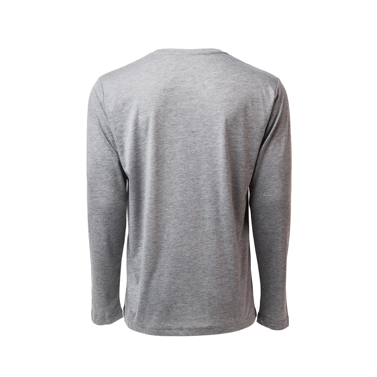 Back view of a plain, gray Men's Slick Long Sleeve - Tri-Blend shirt with antimicrobial features displayed on a white background.