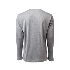 Back view of a plain, gray Men's Slick Long Sleeve - Tri-Blend shirt with antimicrobial features displayed on a white background.