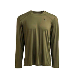 The Men's Long Sleeve Performance Tee - ToughMesh by GORUCK in olive green incorporates a subtle dark triangular logo on the left chest. Made from ToughMesh™ fabric, this featherweight training shirt offers lightweight comfort and features a crew neckline, making it ideal for casual wear.