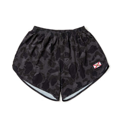 The Men’s Ranger Panties - ToughStretch are black camo PT shorts crafted from durable ToughStretch fabric, with a small rectangular patch on the lower right leg.