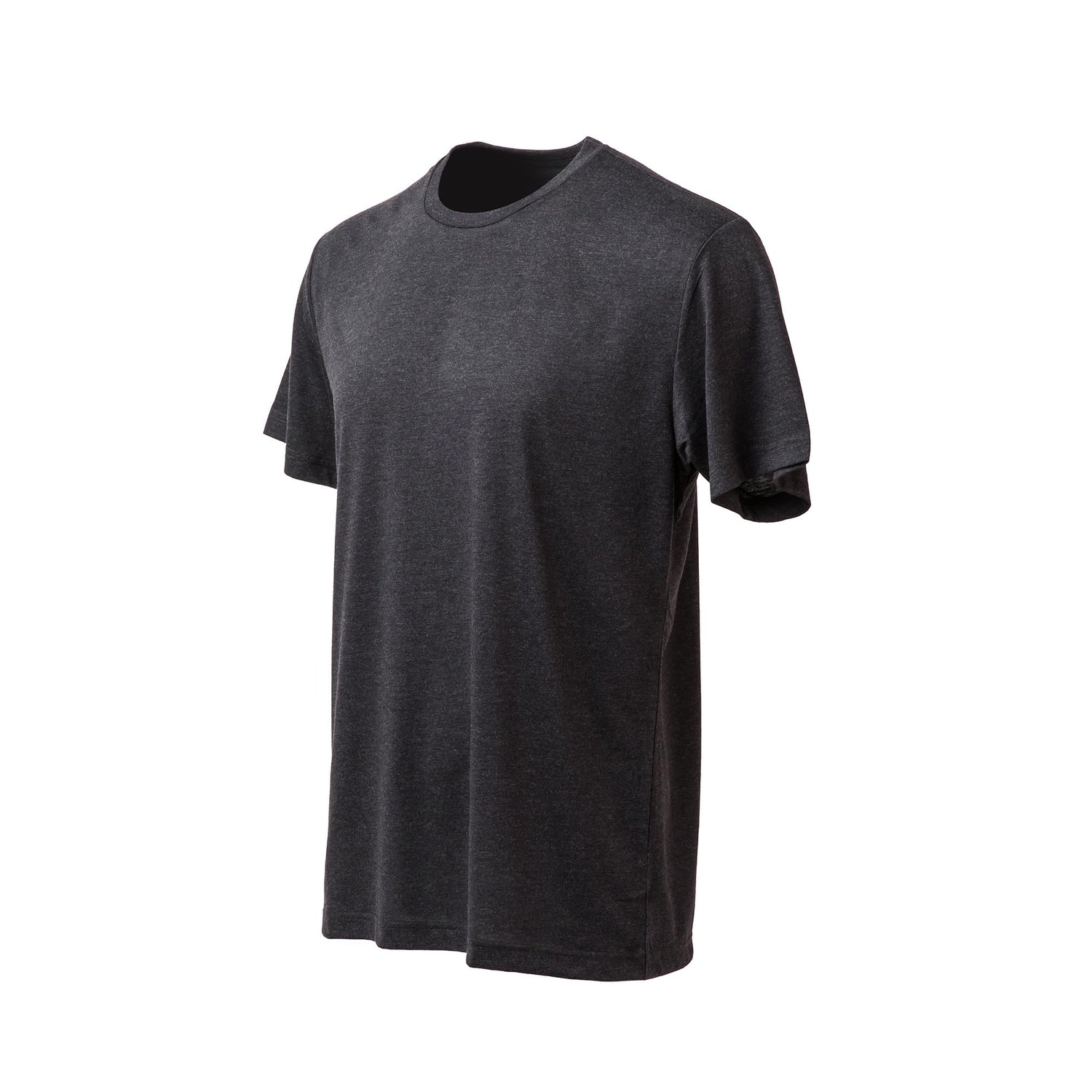 Men's Slick Short Sleeve - Tri-Blend t-shirt in plain dark gray, featuring advanced antimicrobial technology, displayed on a white background.