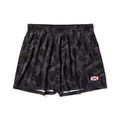 The Men’s USA Training Shorts - ToughStretch feature black camouflage, an elastic waistband, a red and white X flag patch, and are made from durable fabric for intense workouts.