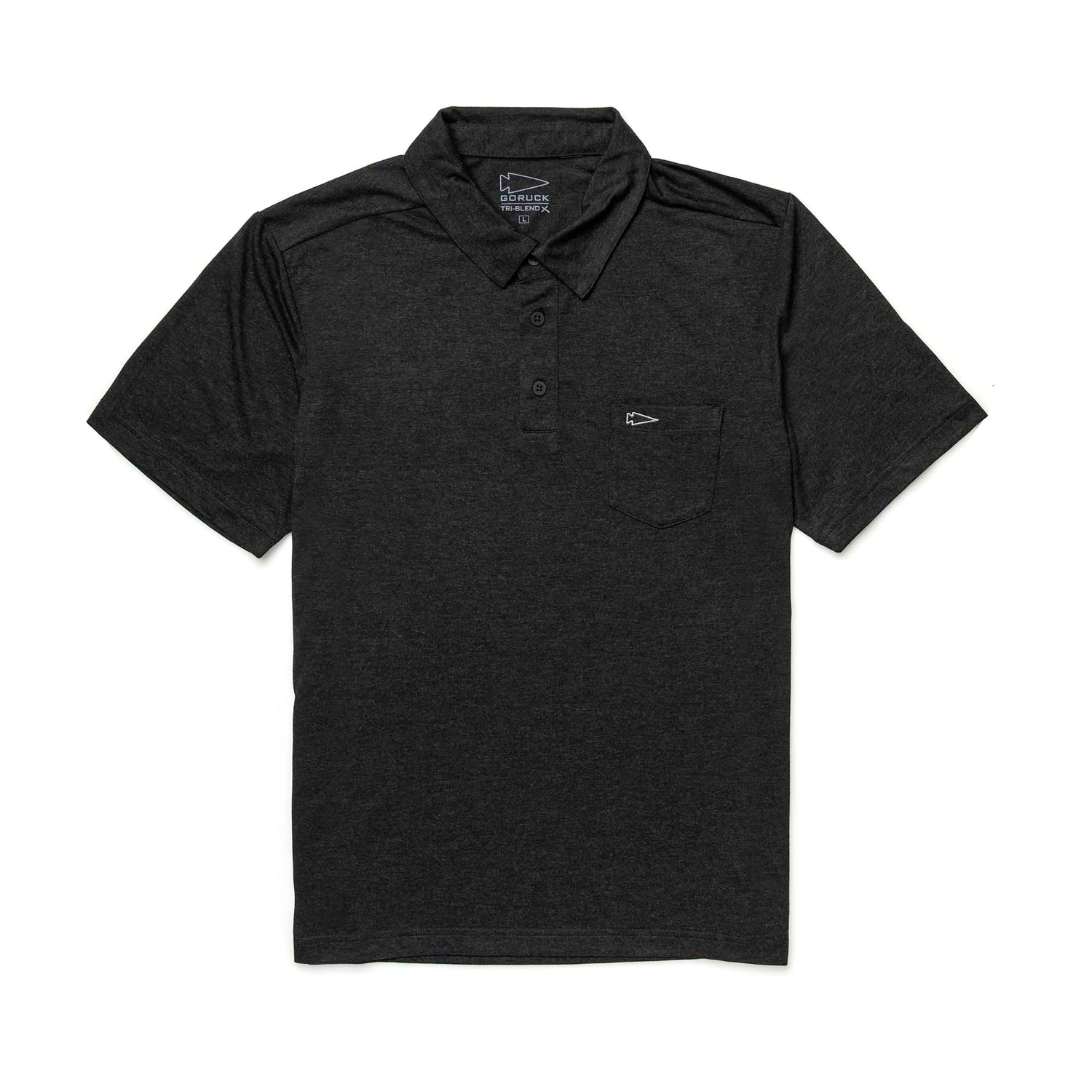 The Men's Polo with Pocket - Tri-Blend is a dark gray short-sleeve polo featuring a collar, buttons, and a small left chest pocket for comfort and a premium feel.