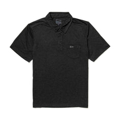 The Men's Polo with Pocket - Tri-Blend is a dark gray short-sleeve polo featuring a collar, buttons, and a small left chest pocket for comfort and a premium feel.