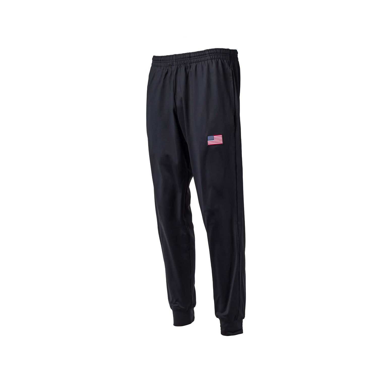 Men’s Training Performance Joggers in black, featuring an American flag patch on the upper left thigh and made from premium performance fabric, shown against a white background.