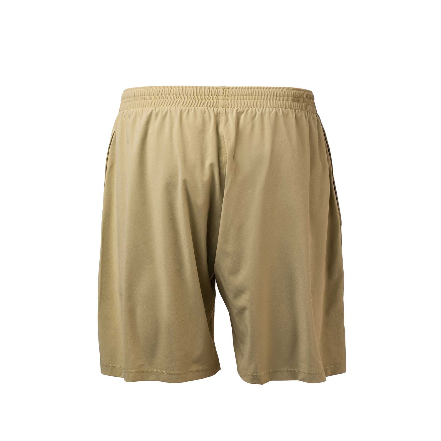 Men’s Training Shorts - ToughStretch: Tan athletic shorts with an elastic waistband, made from ToughStretch fabric. Ideal for gym workouts and training. Shown against a white background.