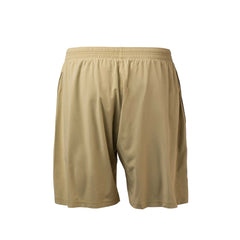 Men’s Training Shorts - ToughStretch: Tan athletic shorts with an elastic waistband, made from ToughStretch fabric. Ideal for gym workouts and training. Shown against a white background.