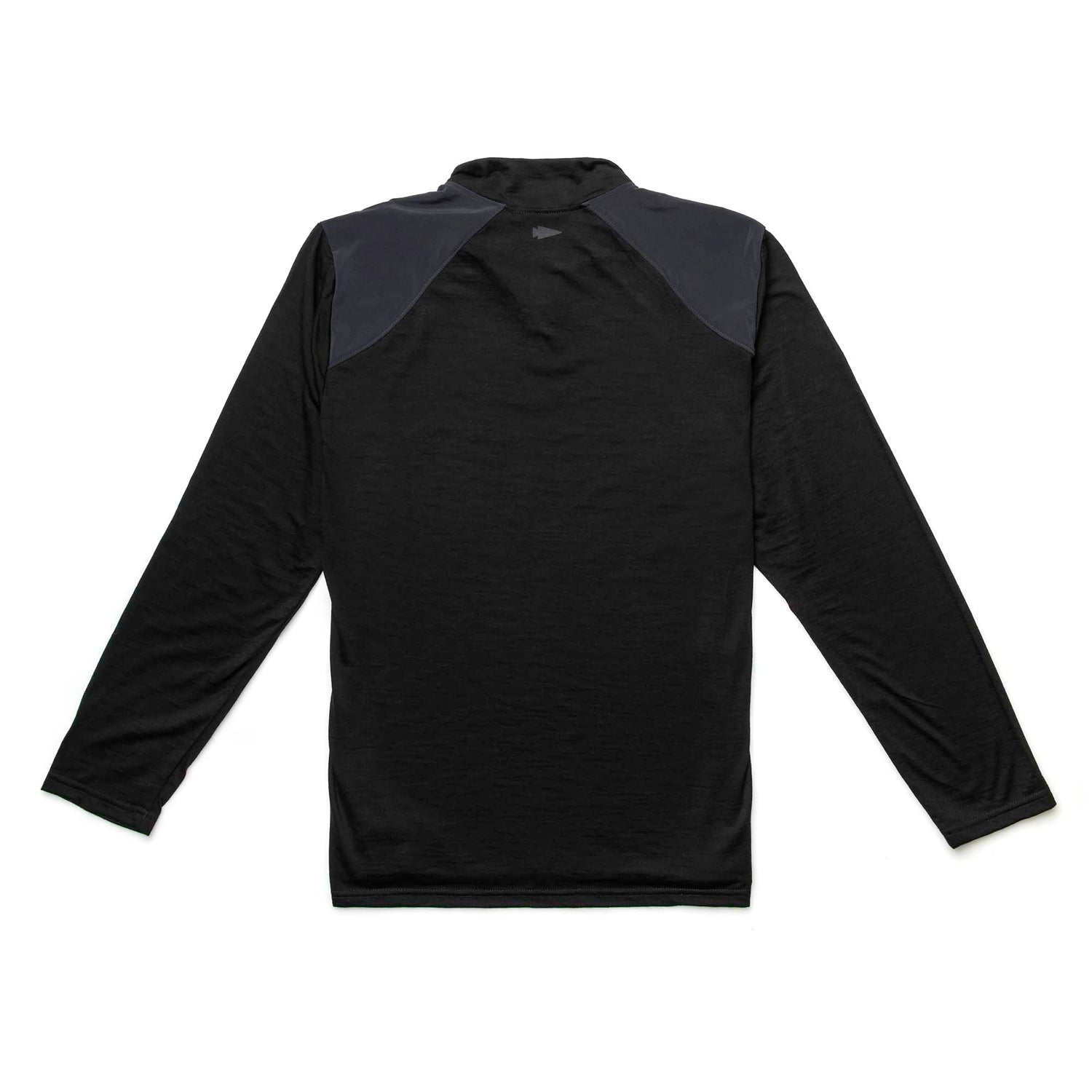 Men's Commando Quarter Zip - Merino Wool: Black long-sleeve shirt with dark shoulder patches, made from quick-drying, antimicrobial Merino wool. Shown flat from the back.