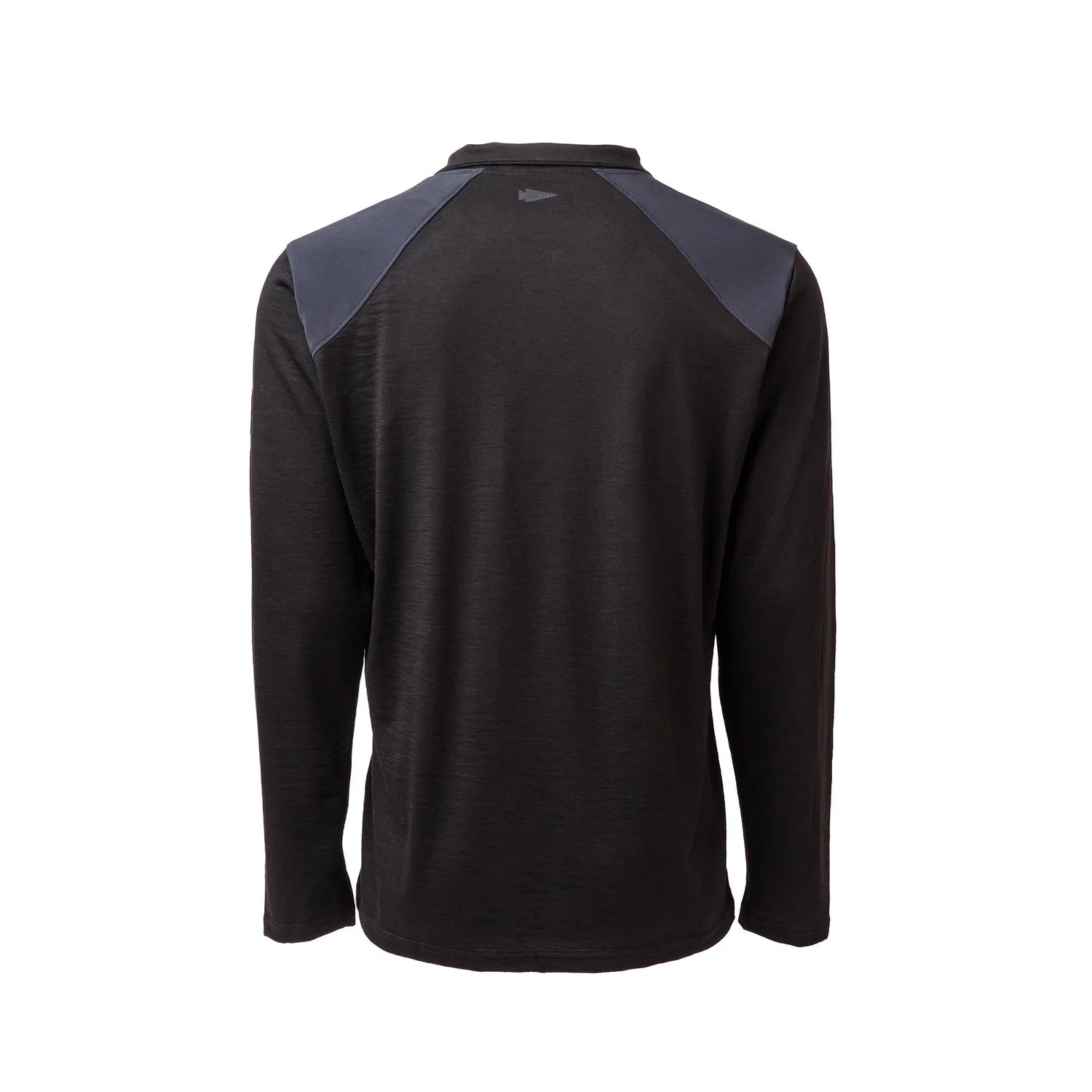 GORUCK black Merino 1/4 zip long sleeve shirt, back view, with reinforced shoulder panels