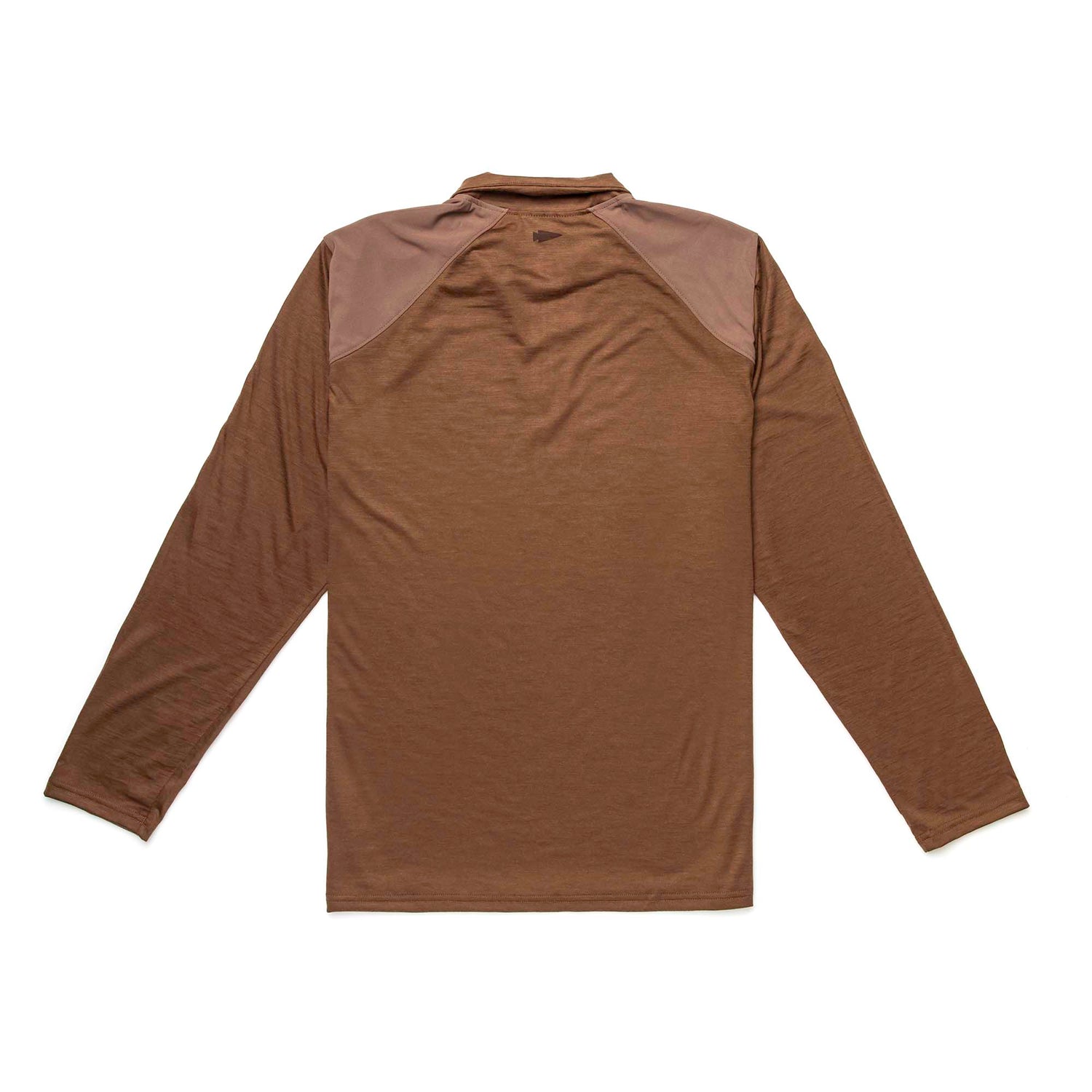 Men's Commando Quarter Zip - Merino Wool, brown with light brown shoulder patches displayed flat, back view. Naturally antimicrobial for lasting freshness.