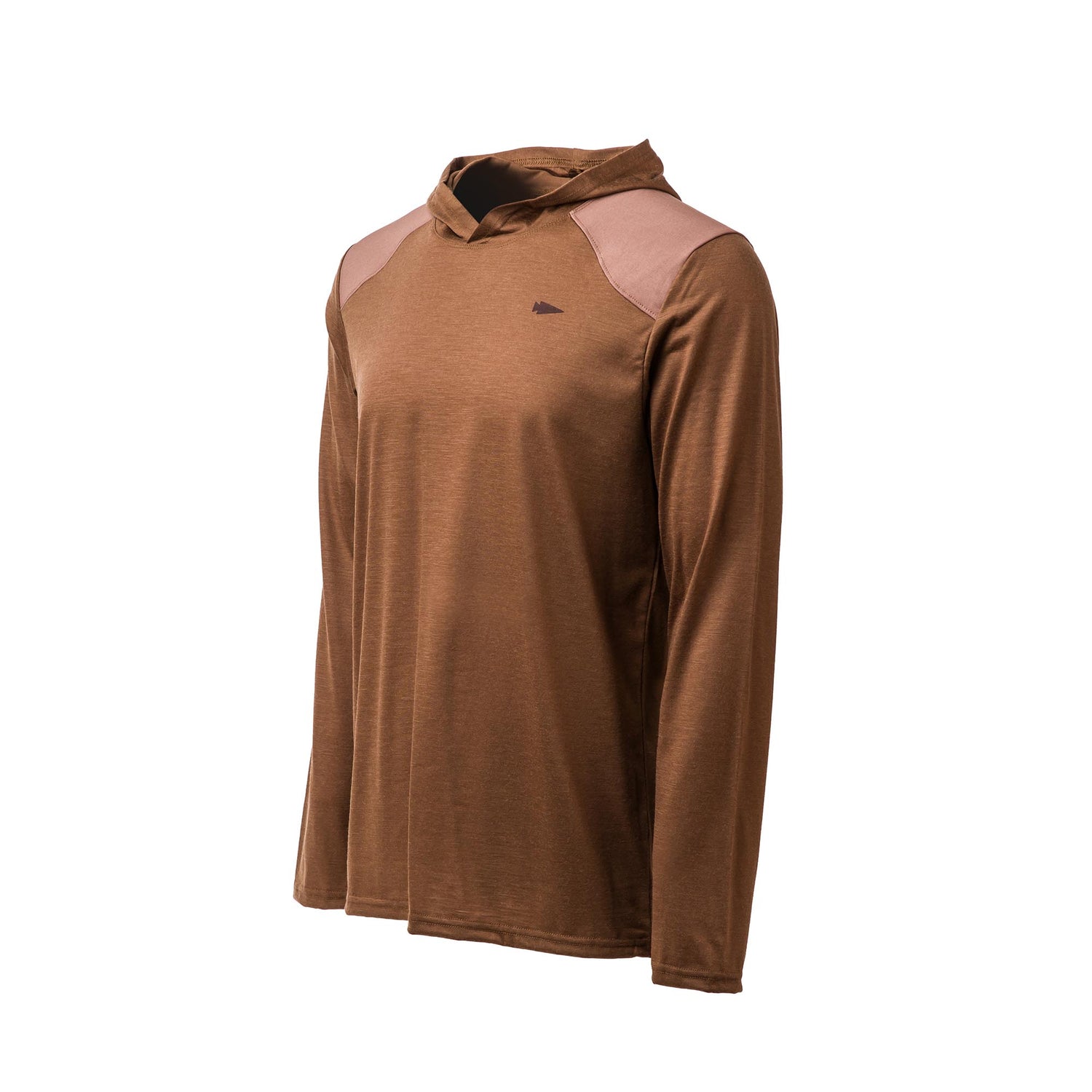 Men’s Commando Pullover - Merino Wool: Brown long-sleeve hoodie with light brown shoulder accents, shown on a white background.