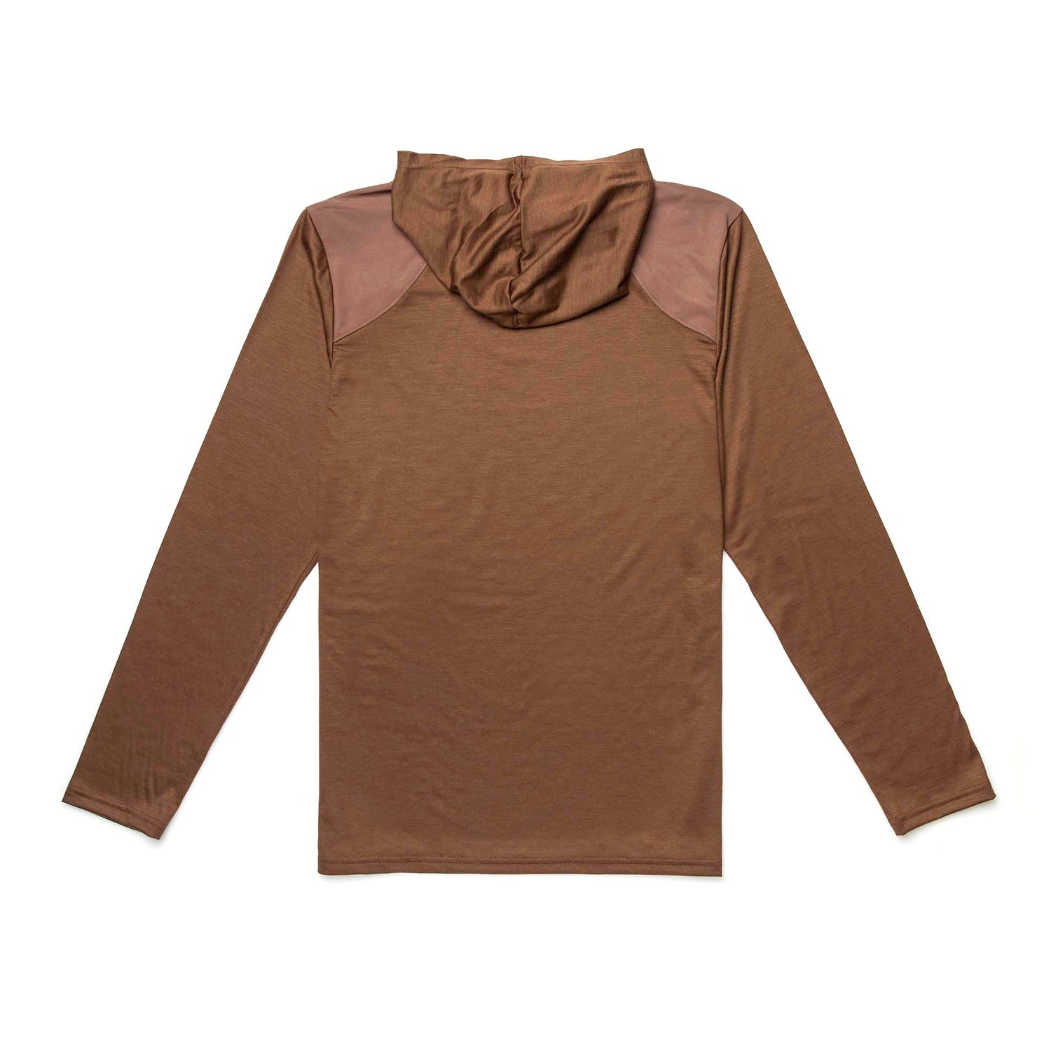 The Men’s Commando Pullover - Merino Wool is a brown long-sleeve hooded shirt with reinforced shoulders and darker brown patches, shown flat from the back—durable design inspired by commando test standards.
